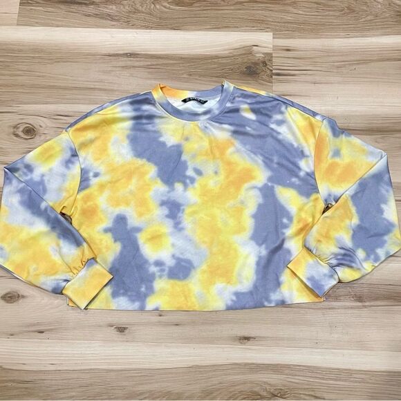 Shein Yellow and Grey Cropped Tie Dye Shirt Women’s Medium - Picture 1 of 2